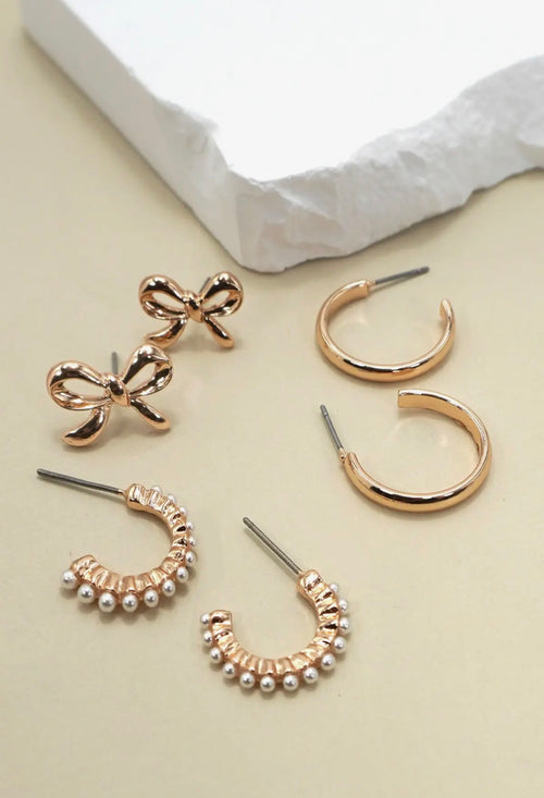 Bow-Pearl Studded Earring Set